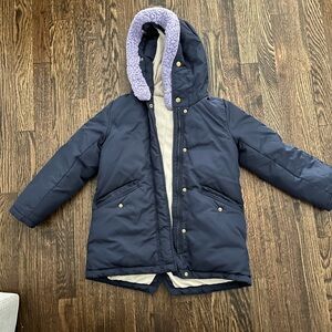 Crew Cuts Girls Navy Hooded Puffer Coat with Purple Lining